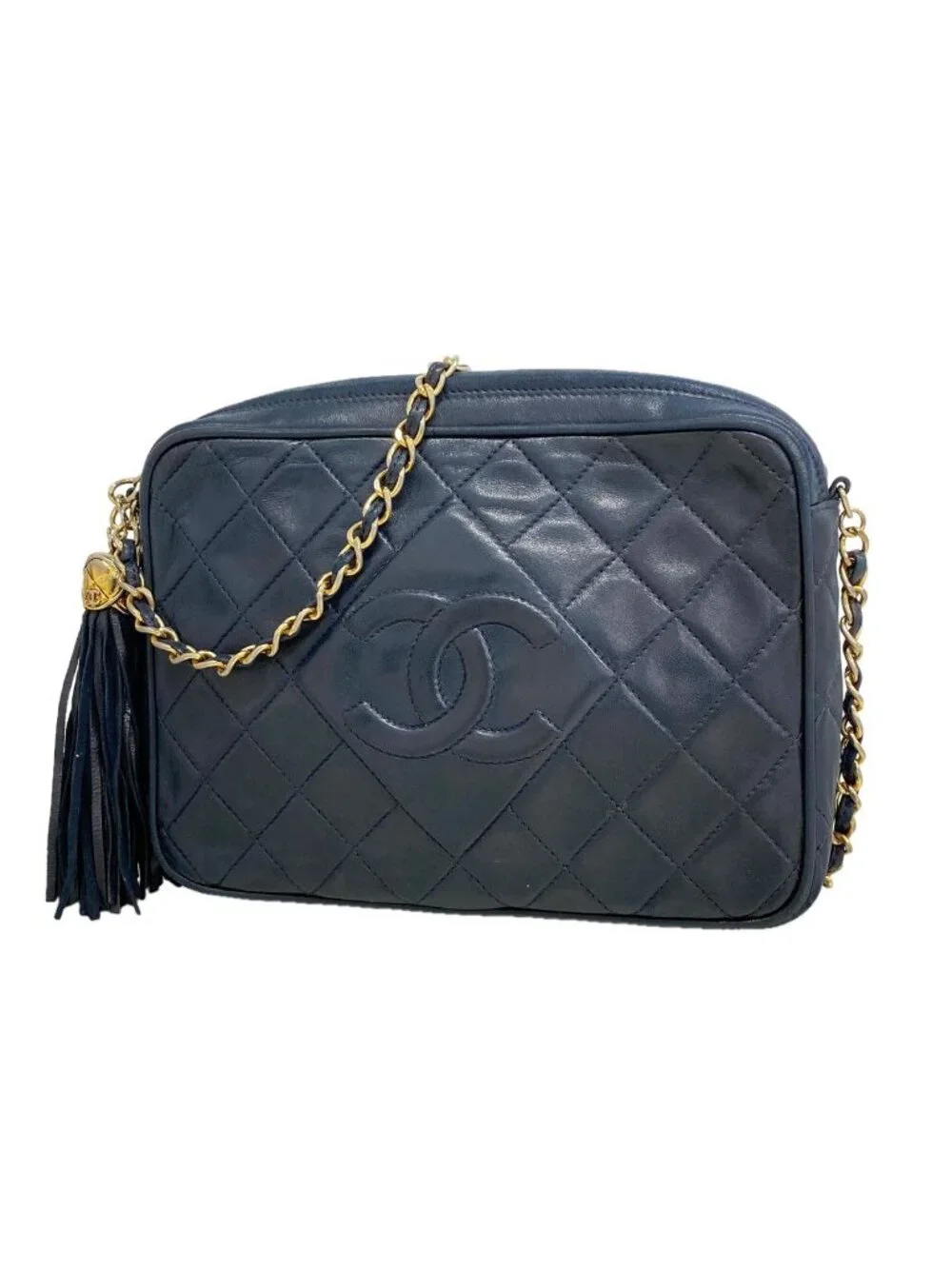 Chanel Shoulder Bag Quilted Lambskin Navy Gold